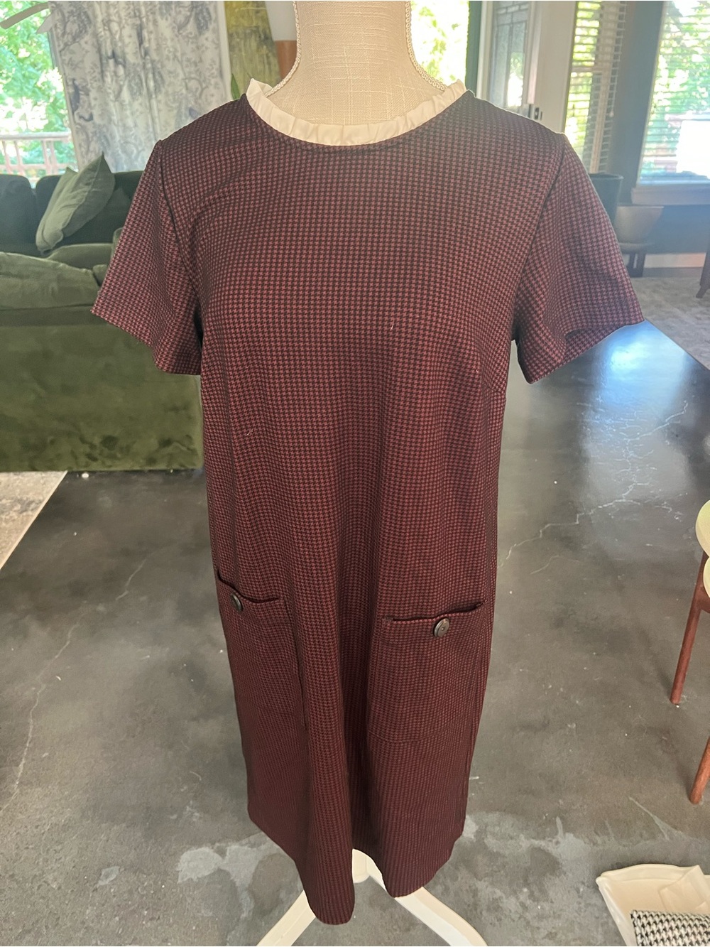 LOFT Burgundy Houndstooth Midi Dress with Cream Ruffle Collar